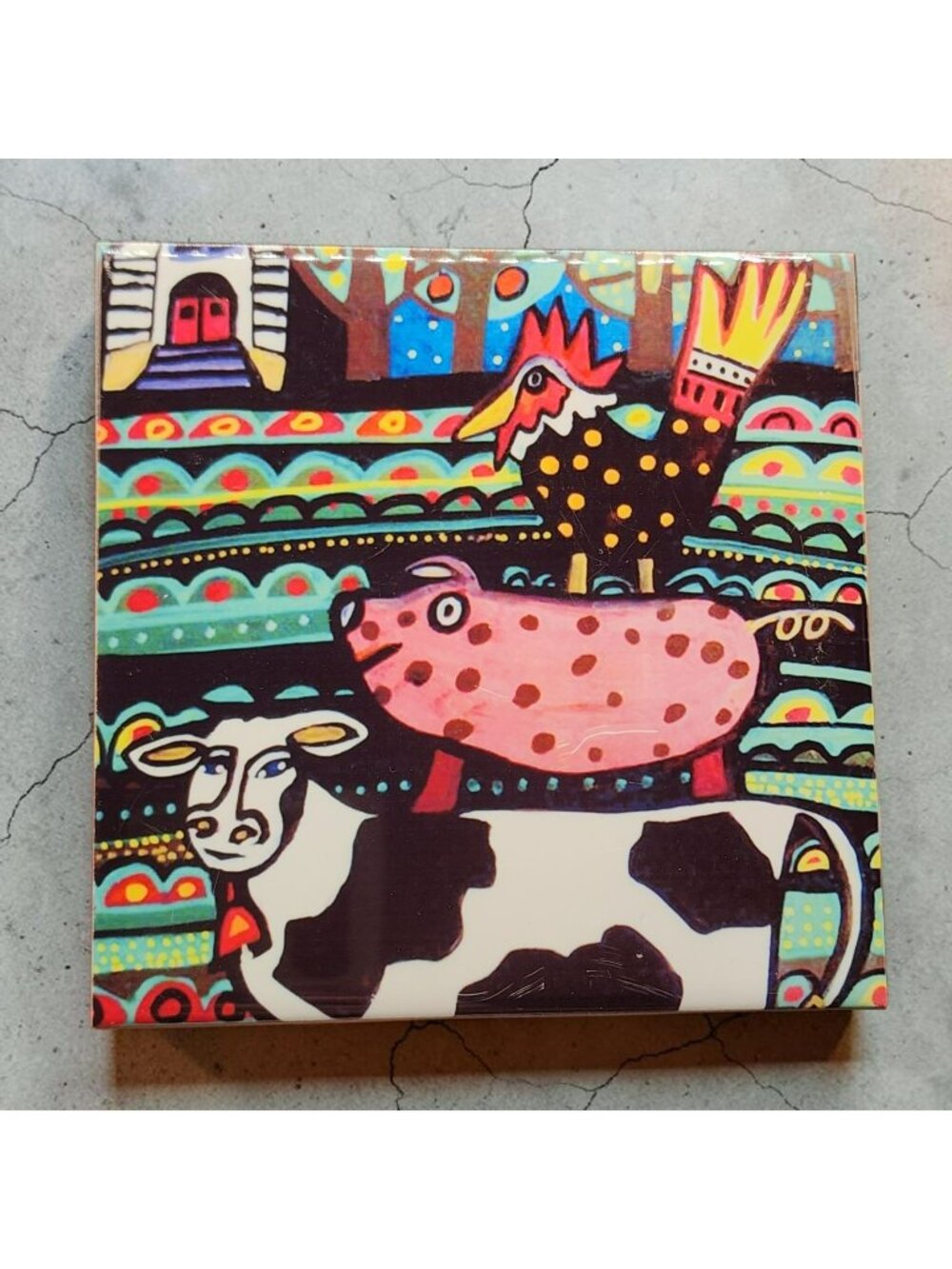 Pop Art Farm Animals Ceramic Tile Cow Pig Chicken 4.25"x4.25" Colorful Decor